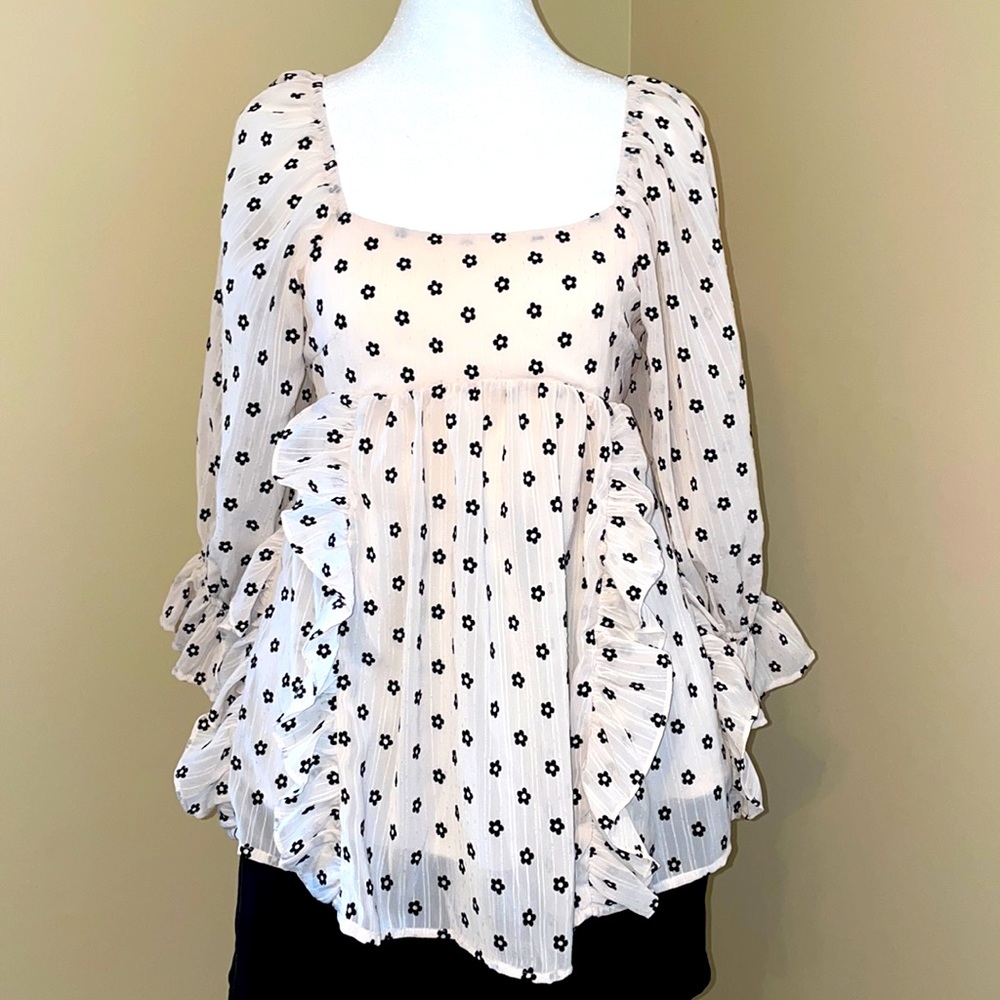 Retro Floral Open Back Ruffle Blouse Top